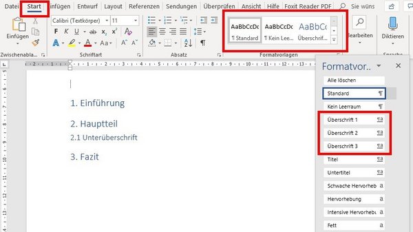 Inhaltsverzeichnis formatieren in Word