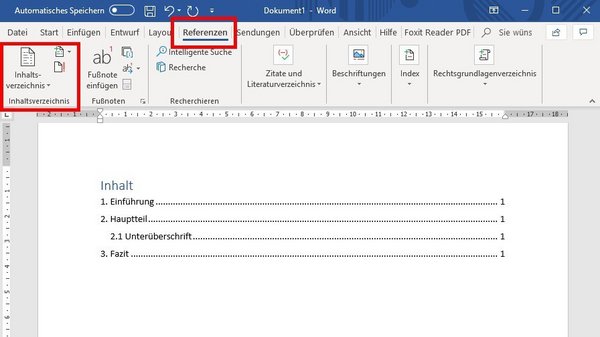 Inhaltsverzeichnis Word: Formatvorlage auswählen