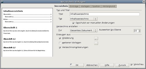 Inhaltsverzeichnis formatieren in Open Office