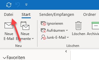 Outlook einrichten: Menüleiste zur Kontoeinrichtung 