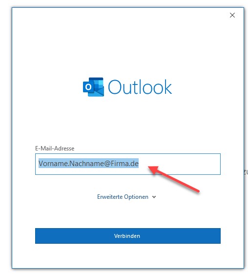 Outlook einrichten: Abb. 3: Fenster zum Eintragen der E-Mail-Adresse, für die das Outlook-Konto erstellt werden soll