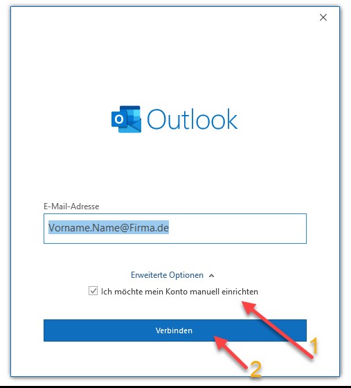 Auswahl „Erweiterte Optionen“ für die manuelle Kontoeinrichtung